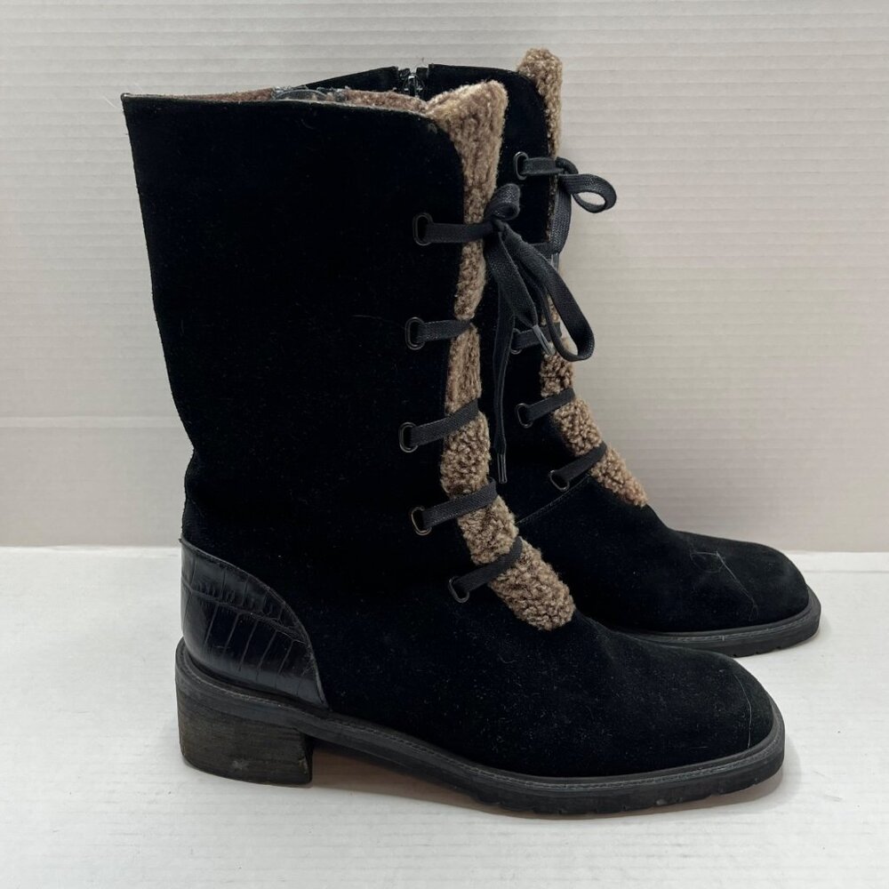 Stuart Weitzman Black Suede Brown Faux Fur Lined Stacked Heel Boot Zip‎ Up 8.5